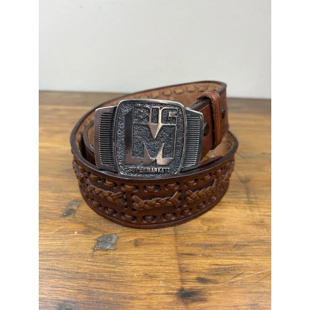 Vintage Big M Supermarkets Advertising Belt Buckle Size 34 Tooled Leather Belt
